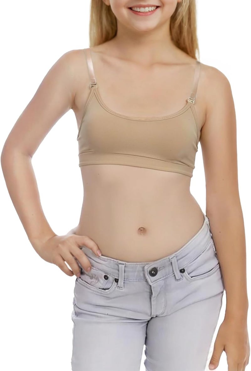 DANSHOW Girls Dance Bra Seamsless Nude Bras for Teens Girl with 2 Pairs of Clear Straps, Silicone Pads - Image 3